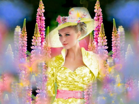 Girly Girl Yellow - hat, vibrant, delicate, yellow, vivid, blue, butterflies, dress, girl, lovely, pink, flowers, black, colorful, bright, bold