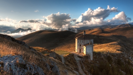 on a cliff in italy - mist, building, rocks, path, hills