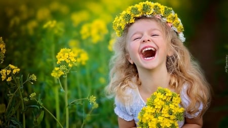 :) - yellow, summer, girl, flower, copil, happy, laugh, child, smile, wreath, green, vara