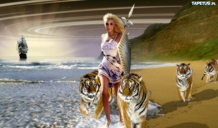 :) - summer, beach, girl, sea, tiger, fantasy, tigru, art, vara