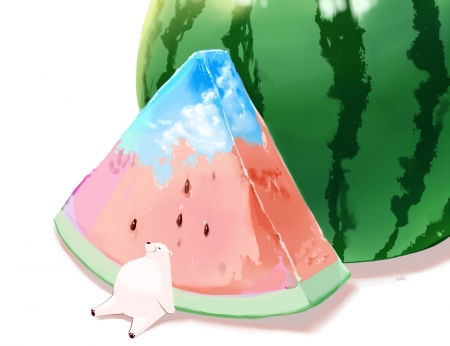 Watermon - fruit, watermelon, urs, chai, summer, bear, anime, pepene, green, red, manga, vara