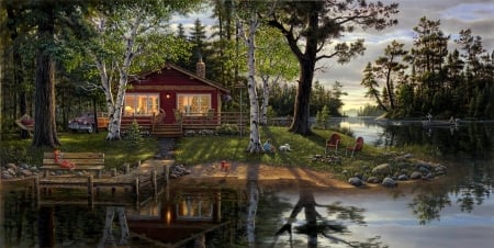 Cottage - house, water, wayer, pictura, painting, lake, kim norlien, art, cottage