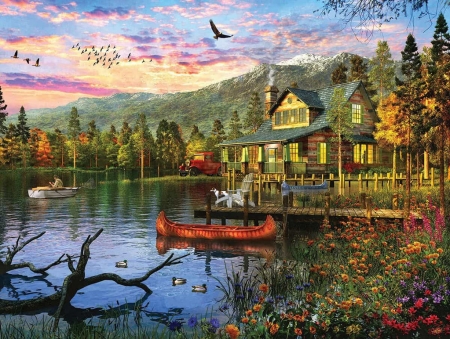 Sunset - house, water, boat, cabin, pictura, sunset, painting, lake, art, cottage