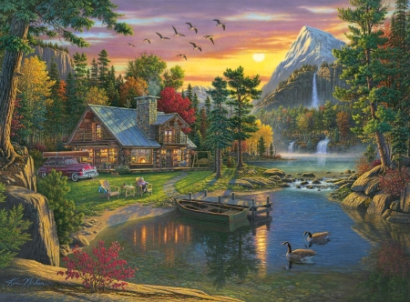 Cottage - house, water, mountain, pictura, sunset, painting, lake, art, kim norlien, cottage