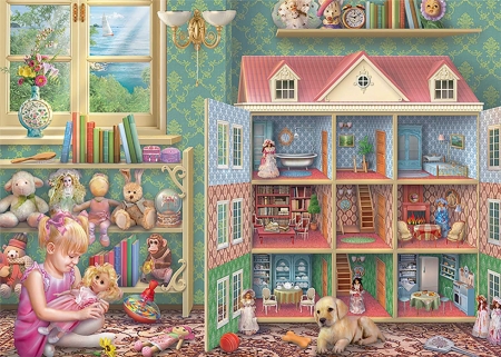 :) - house, dog, girl, copil, doll, child, pictura, painting, puppy, caine, art