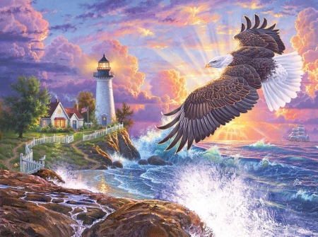 Sunset - bird, summer, lighthouse, water, sea, pictura, eagle, pasari, sunset, painting, art, vara