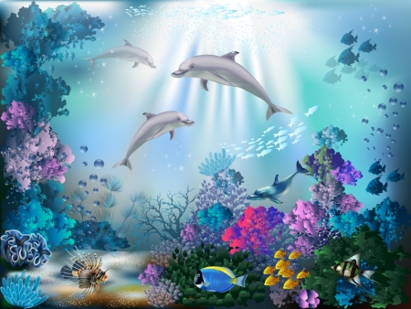 Underwater - water, underwater, dolphin, sea, pesti, fish, art, vara