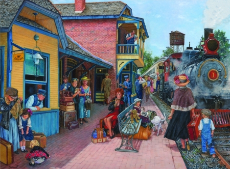 At the Station - art, people, painting, pictura, station, susan brabeau, train