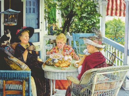 The fly - pictura, fly, susan brabeau, woman, tea, art, summer, old, painting, terrace, vara