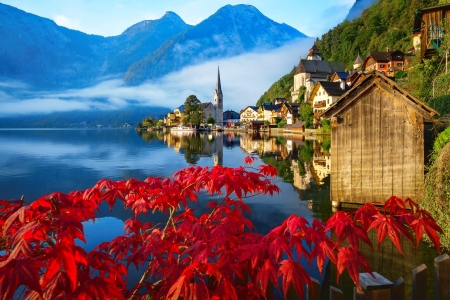 Hallstatt, Austria - beautiful, branches, lake, mountain, picturesque, reflection, town, view