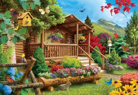 Summerscape - flowers, trees, digital, artwork, butterflies, cabin