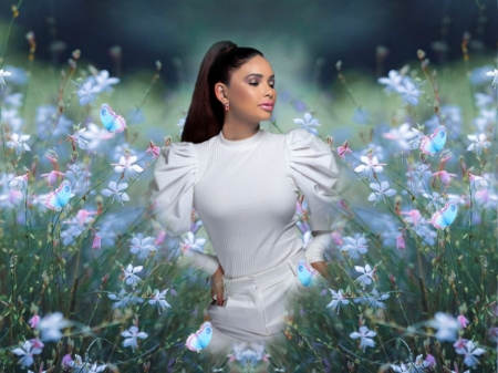 The Meadow - soft, flowers, girl, blue, black, white, slacks, shirt, butterflies, delicate, green, lovely