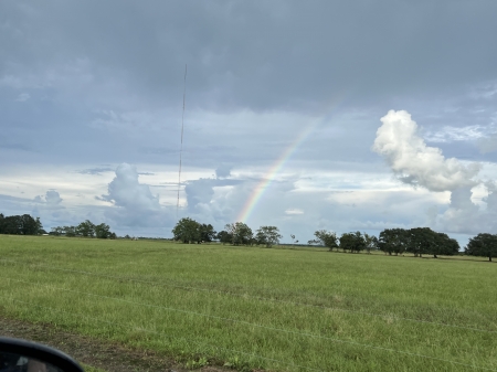 Rainbow Next Door - clouds, field, rainbow, sky