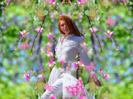 Hot Pink on White - vibrant, vivid, blue, butterflies, girl, pink, red head, flowers, colorful, white, bright, green, outfit, bold