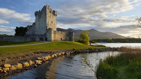 lreland castle - path, river, tower, ships, grass, lake, castle