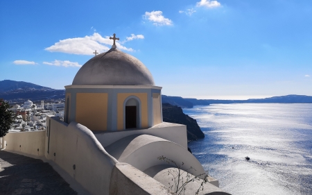 Church in Santorini - sea, dome, church, Greece