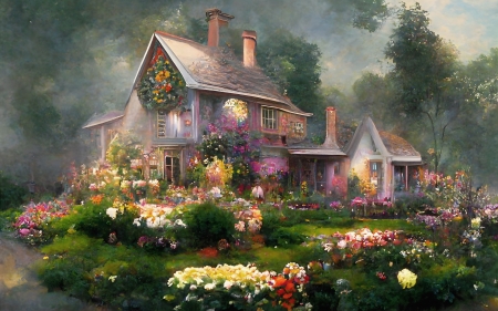 Cottage with Garden - garden, digital Art, cottage, house