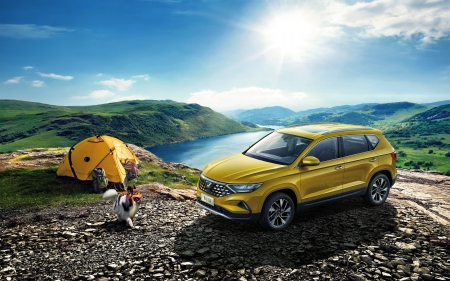 Jetta VS5 - lake, car, dog, hills, tent, Jetta VS5, sun