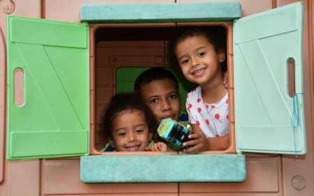 Playing Children - France, wooden, smile, shutters, window, island, children