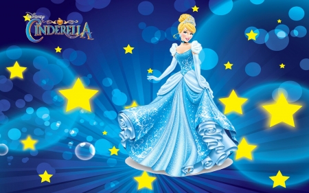 Cinderella - star, yellow, blue, girl, fantasy, cinderella, movie, princess, disney