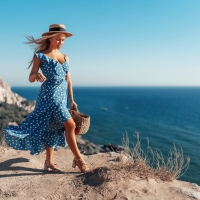 Model in a Blue Polka Dot Dress