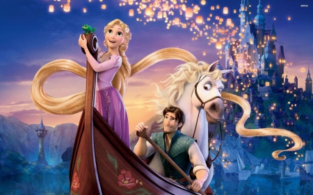 Tangled 2010 - tangked, movie, couple, disney, lantern, water, rapunzel, night, boat, fantasy