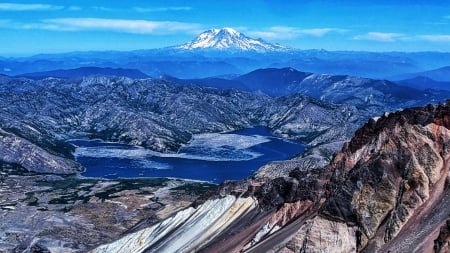 Mt Rainier From St Helens Summit, Washington - usa, clouds, volcano, landscape, lake, sky