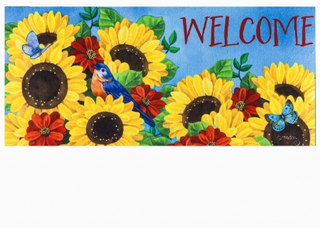 Sunflower welcomes - seeds, door, birds, welcome, butterflies