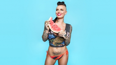 Christy Mack - Christy Mack, brunette, blue background, models, tattoos, watermelon
