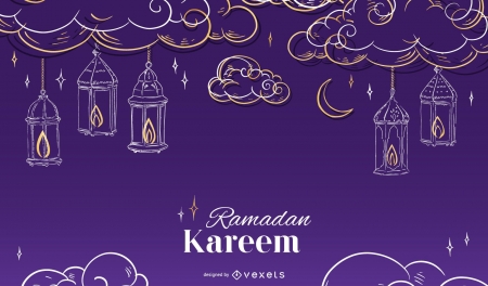 :) - moon, purple, cloud, ramadan, card, lantern, vexels, luna