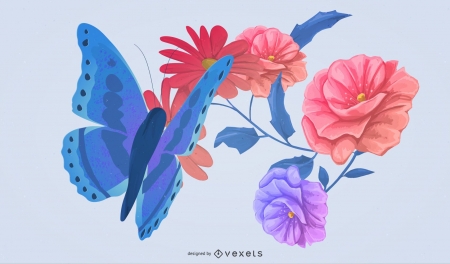 Butterfly and flowers - flower, blue, pink, butterfly, fluture, vexels, vector