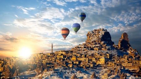 Sunset - hot air balloon, kapadokya, sunset, rock, sky