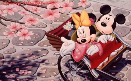 :) - mickey mouse, minnie, sakura, view from the top, disney, couple, pink, japanese