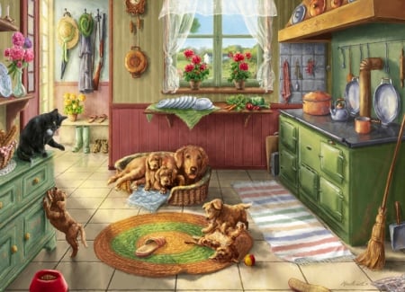 Kitchen - dog, cat, pictura, painting, pisici, caine, puppy, kitchen, art