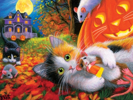 Halloween night - moon, night, mouse, orange, pumpkin, cat, painting, halloween, pisici, art