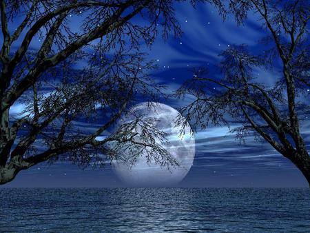 Moon - clouds, moon, trees, water, blue, night, stars, skies, nature, mist, full, sky, other