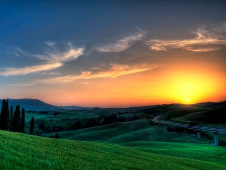 Tuscan Sunset - sky, photography, sun, water, grasslands, sunset, rocks, naturel, clouds, sunsets, green, landscape, park, gold, nature, red, sunrise