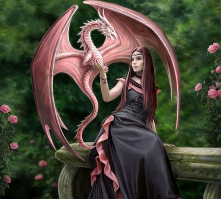 Elegant Dragon - woman, girl, roses, beautiful, flowers