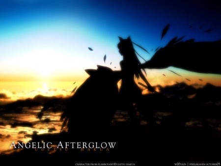 Angelic Afterglow - ugetsu hakua, anime, sword, silhouette, angel, sunset, afterglow, wings, w00tazn