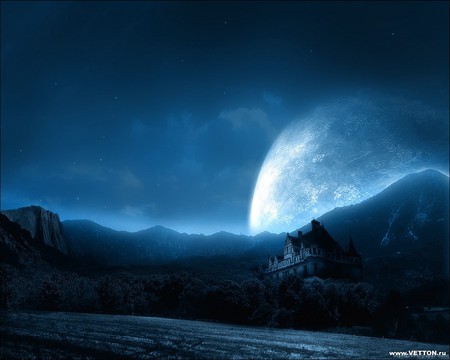 A Far Away Castle ... - moon, blue, castle