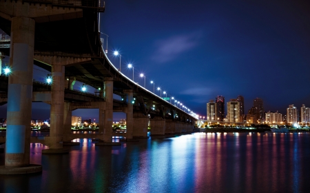 City Lights - city, night, lights, bridge