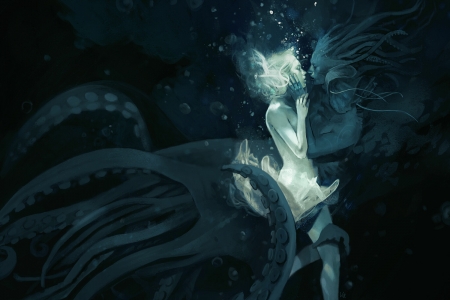 Fantasy couple - art, blue, claudia caranfa, dark, fantady, fantasy, girl, king, squid, water, white