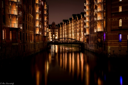 Hamburg Germany - canal, night, hamburg, bridge