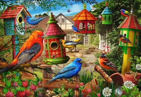 Birdhouse Garden - tree, digital, birds, plants, art, house, flowers