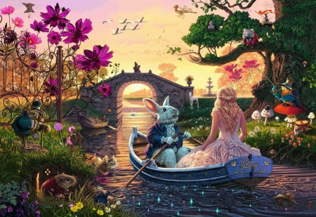 Wonderland - wonderland, summer, water, boat, white rabbit, flower, bunny, fantasy, alice, art, vara, bridge