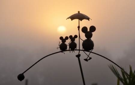 :) - black, umbrella, sunset, cute, silhouette, mouse, mice, family