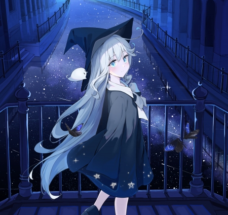 Cute Witch - pretty, anime, anime girl, girl, night, stars, witch, halloween, cute, sky