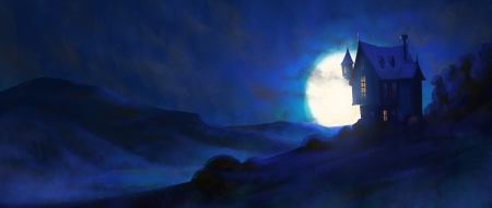 Moonlight - moon, house, blue, mansion, night, charles di cicco, fantasy, white, halloween, luminos, luna