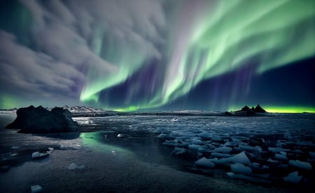 Aurora Borealis over Diamond Beach, Iceland - aurora borealis, nature, iceland, beach