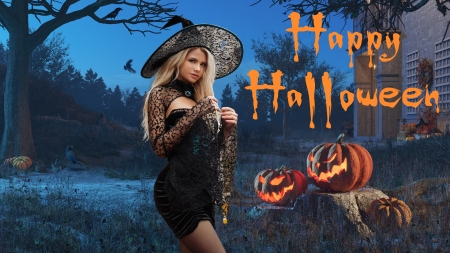 Happy Halloween - witch, pumpkins, model, blonde, halloween